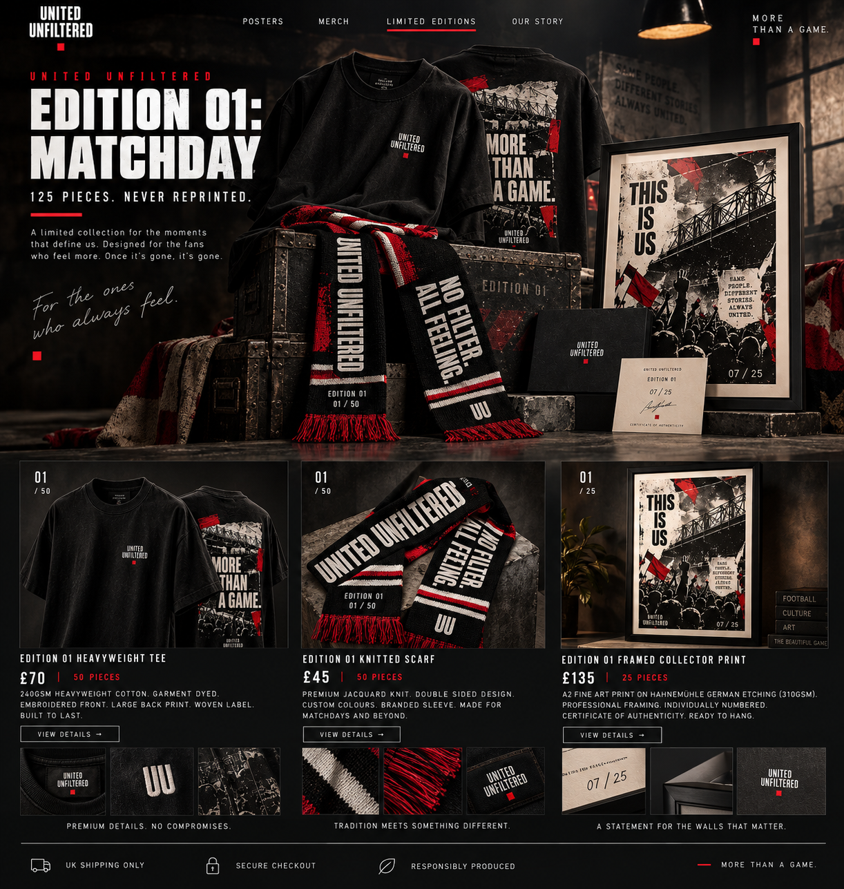 United Unfiltered Edition 01 Matchday premium campaign concept showing the heavyweight tee, knitted scarf and framed collector print