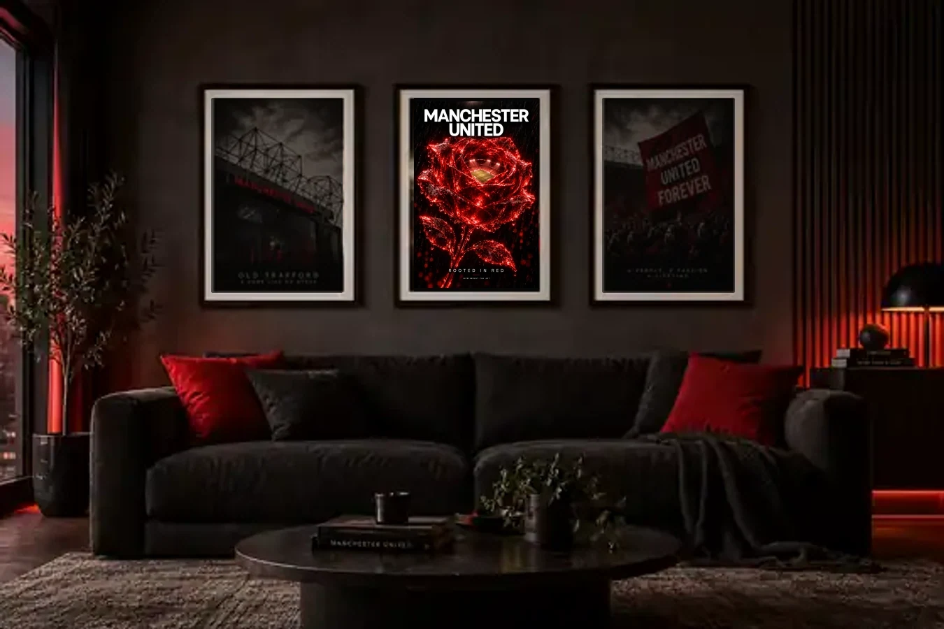 Rooted in Red framed in a room